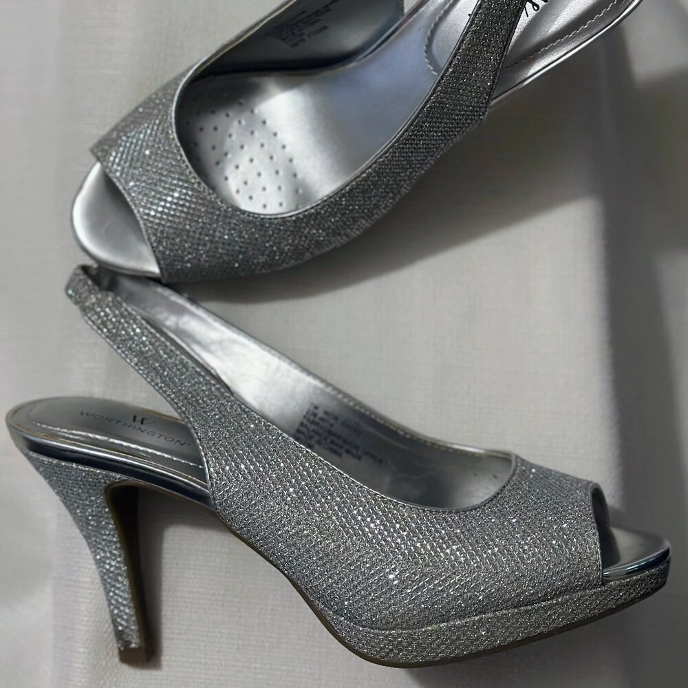 Worthington Silver Sparkly Open Toe Slingback Pump- Size 7